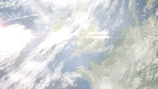 Zoom in from space and focus on Neath, UK. 3D Animation. Background for travel intro. Elements of this image furnished by NASA