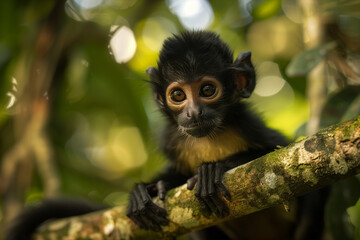 a baby monkey sitting on top of a tree branch looking at the camera