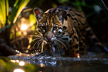 a big cat drinking water from the pond at night in nature