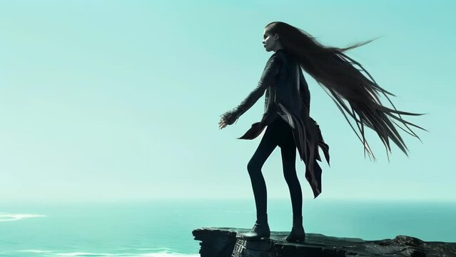 Silhouette of a woman with long black hair blowing in the wind, standing with her back turned against a backdrop of sea and sky. Evokes a sense of solitude and freedom.
