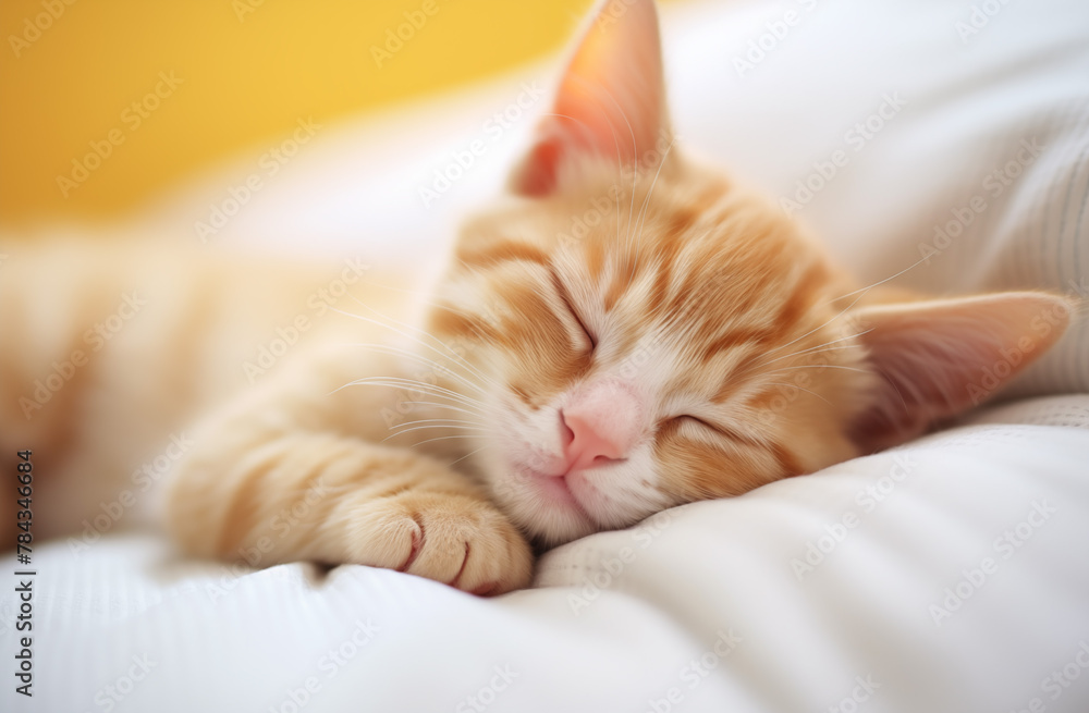 Wall mural Ginger cat peacefully asleep on a white pillow and cozy blanket, AI-generated.