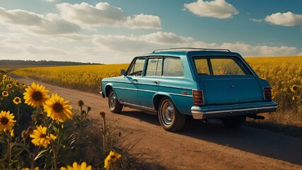 the old station wagon is parked on a dirt road in front of sunflowers
