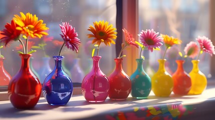 A set of miniature, brightly colored vases, each with a single, vibrant gerbera daisy, arranged on a sunny window ledge - obrazy, fototapety, plakaty