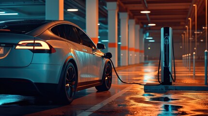 Modern electric car charging at charging station on undeground parking сloseup orange light copyspace photo