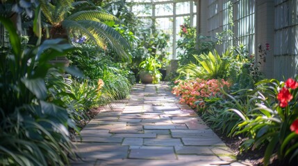 Naklejka premium The soft rays of the sun filter through the glass, casting a natural mosaic of light and shadow on the stone walkway of this vibrant glasshouse garden.