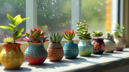 A set of miniature, colorful ceramic vases on a windowsill, each with a different type of succulent