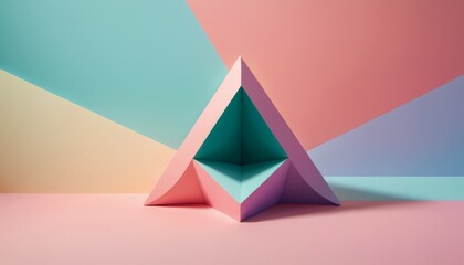 A vibrant, multicolored paper pyramid with a three-dimensional look stands out against a pastel background.