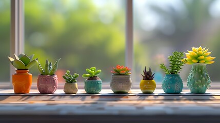 A set of miniature, colorful ceramic vases on a windowsill, each with a different type of succulent - Powered by Adobe