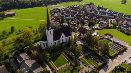 Aerial view of a church in Ebringen in Baden-Wurttemberg, southern Germany - obrazy, fototapety, plakaty
