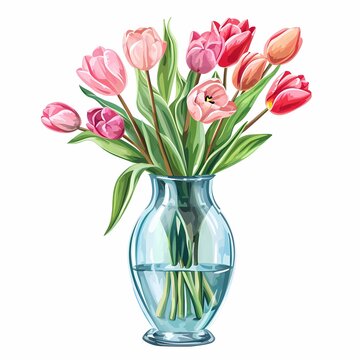 AI generated illustration of a glass vase filled with water and pastel pink tulips