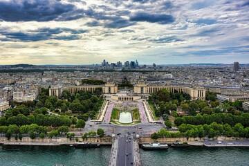View over the Palais de Chaillot with the Paris cityscape in the background under a cloudy sky