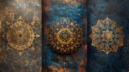 Three panels showcasing intricate golden mandalas over richly textured rust and blue backgrounds, combining traditional art with modern aesthetics.