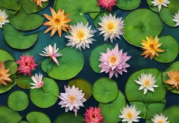 Foto op Canvas water lilies are placed on a blue surface next to green leaves © Wirestock