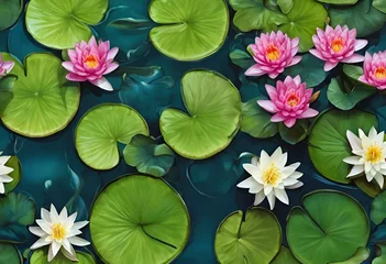 Foto op Canvas water lilies blooming in the green leaves of a pond © Wirestock