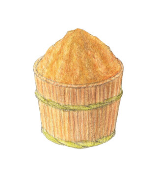 樽に入った味噌　水彩色鉛筆アナログイラスト