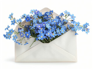 AI-generated illustration of blue flowers in an open envelope on a white background
