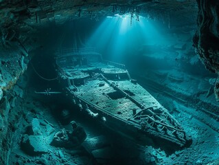 In the hidden caverns of the ocean floor, an ancient shipwreck lies cloaked in shadows, Underwater scene, realistic photography, spotlight on wreckage - obrazy, fototapety, plakaty