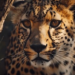 a close up shot of the face of a leopard looking at something
