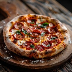 a pizza with pepperoni and spinach on a wooden tray