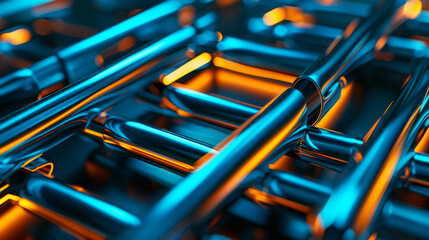 Shiny blue metal pipes in an abstract design. - obrazy, fototapety, plakaty