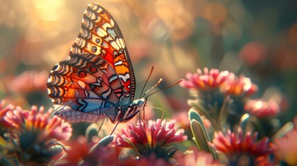 there is an orange and black butterfly on pink flowers in the wild