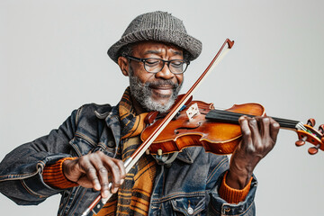 Black man wearing a beanie and glasses playing the violin