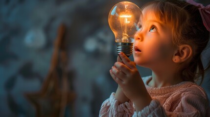A toddler holding a bright lamp, Idea concept.