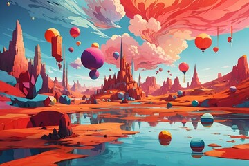 AI generated illustration of a surreal landscape with bright colors with geometric shapes