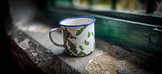 Ice chocolate drink on a vintage Indonesian iron mug with random green pattern called Blirik cup or...