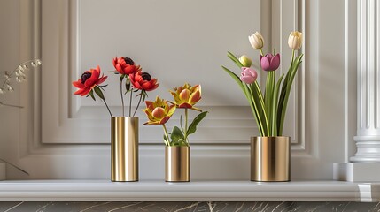 A set of three, varying height vases with a brushed gold finish, each holding a different type of flower, on a mantle