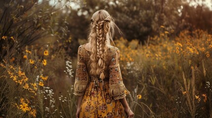 AI-generated illustration of a blonde woman in a floral dress standing in a field of wildflowers