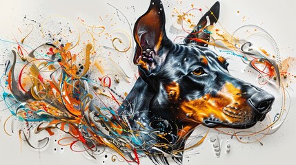 Vibrant abstract portrait of a dog with a mosaic of colors against a stark white background, highlighting the animal's profile.