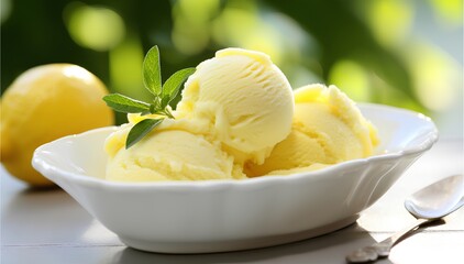 Refreshing and tangy lemon sorbet in a cup on top with mint, cinematic food dessert photography 