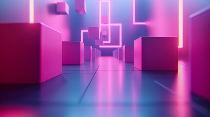 3D abstract with neon geometric shapes in a futuristic corridor.
