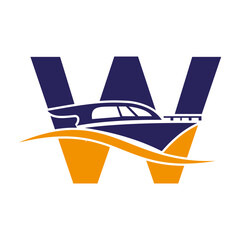 Letter W Boat Logo Concept For Sailboat, Shipping Symbol. Yacht Sign