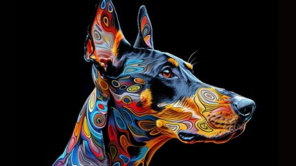 Vibrant abstract portrait of a dog with a mosaic of colors against a stark black background, highlighting the animal's profile.