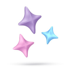 Obraz premium Vector 3d render pink, purple, blue star in different sides, isolated on gray background. Beauty icon. Vector illustration for postcard, icons, poster, banner, web, design, arts
