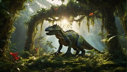 AI-generated illustration of A dinosaur stands against a lush forest backdrop