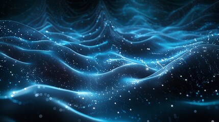 Abstract image of digital waves with glowing particles representing data flow, connectivity, and technology.