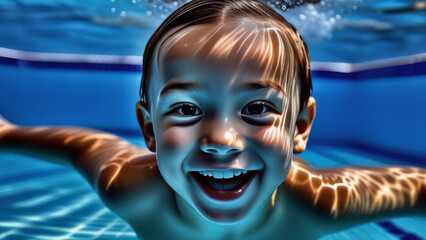 Cute happy asian child dive underwater and have Fun of swimming. Portrait little kid swimmer in the Swimming Pool. Summer kids activity, water sports