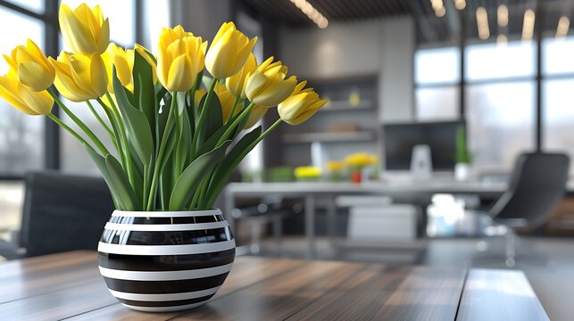 A sleek, black and white striped vase with a modern silhouette, holding a bunch of yellow tulips in a contemporary office