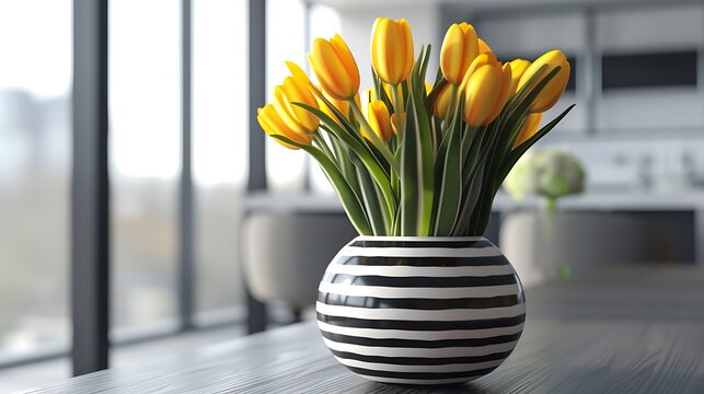 A sleek, black and white striped vase with a modern silhouette, holding a bunch of yellow tulips in a contemporary office
