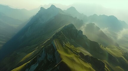 AI generated illustration of an aerial view of lush green mountains overlooking a vibrant valley