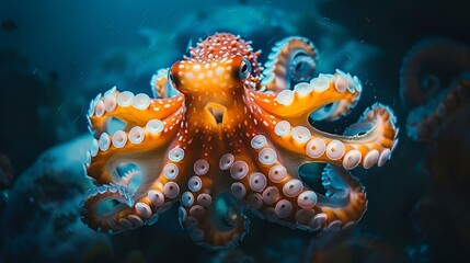 AI generated illustration of an orange octopus with white tentacles in a bubble-filled aquatic scene