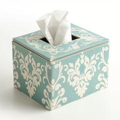 A stylish tissue box featuring a sophisticated turquoise and white ornate design on a seamless background.