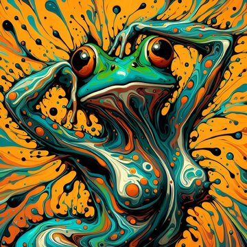 AI generated illustration of a vibrant painting of a pin-up style frog