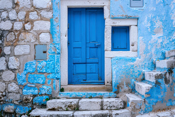 AI generated illustration of the stone steps lead up to a blue wall with a door