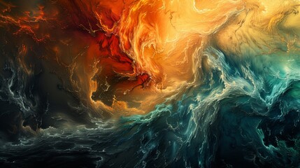 Abstract design depicting the elemental clash between fiery oranges and cool blues, symbolizing contrast and balance.