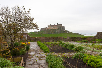 The Gertrude Jekyll Garden, designed in 1901, and Lindisfarne Castle, refurbished in the same year in the Arts and Crafts style by Sir Edwin Lutyens: Holy Island, Northumberland, UK