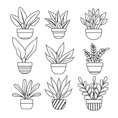 Vector set of outline various plants in vases clip arts. Collection of monochrome contour flowers in pots for home decoration. Line art natural design elements for stickers, icons, hobby articles - 784349679